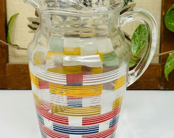 Anchor Hocking Glass Striped Pitcher - Blue, Red, Yellow and White