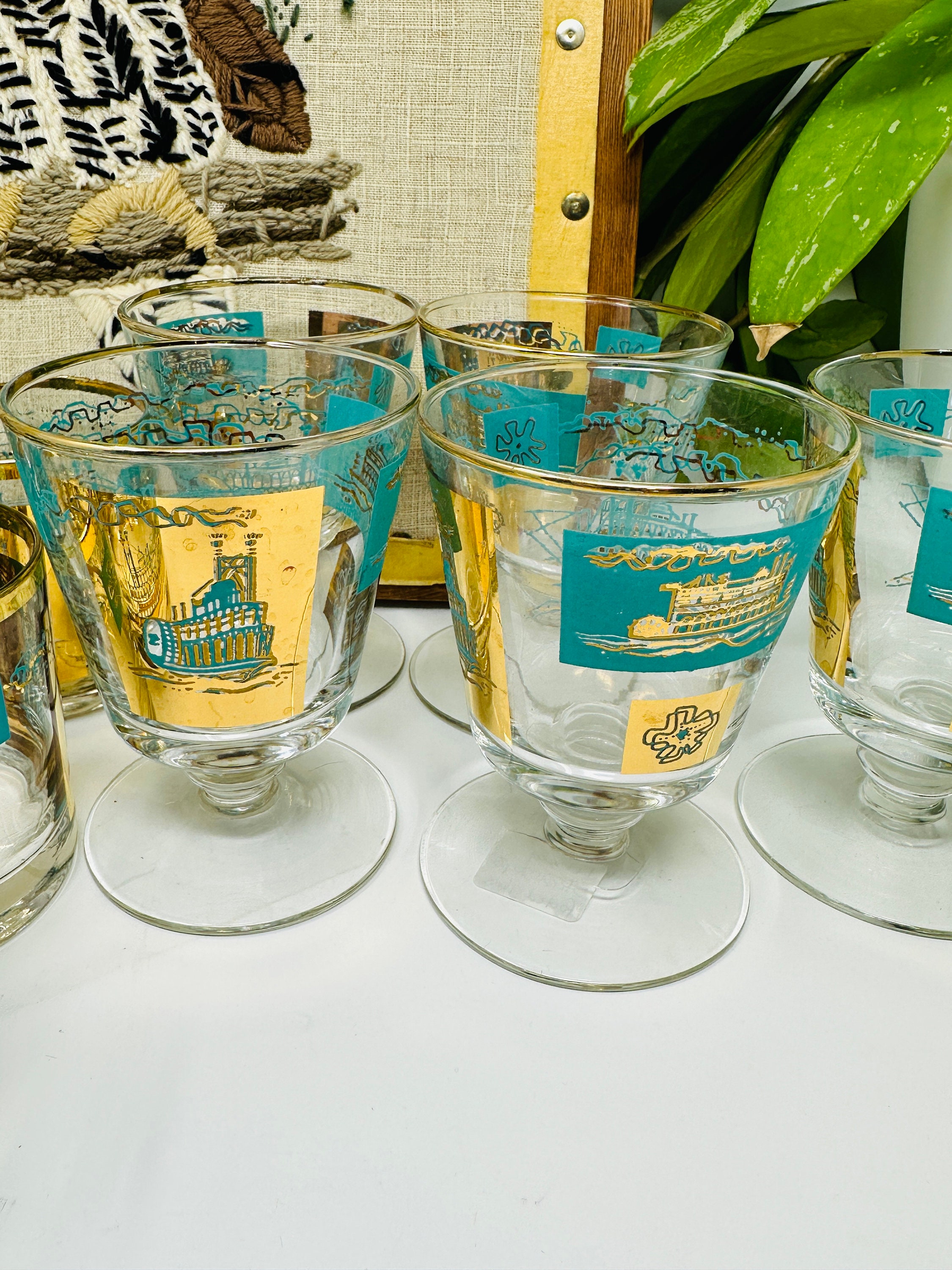 Vintage Libbey Steamboat Glasses Turquoise and Gold 1960's Etsy