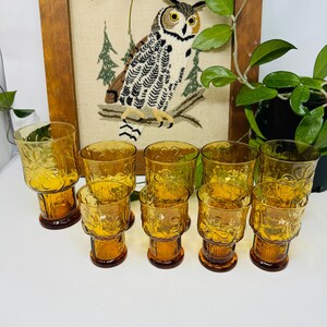Vintage Libbey Glass Amber Daisy Gold Country Garden Pattern - Various Sizes - Set of 9