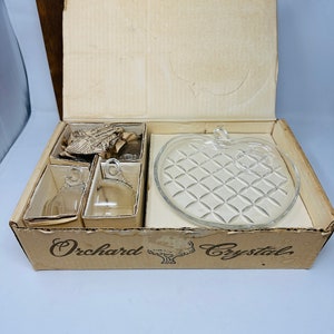 Hazel Atlas Orchard Crystal Apple Blossom Glass Snack Plates and Cups - Original Box - Set of 4