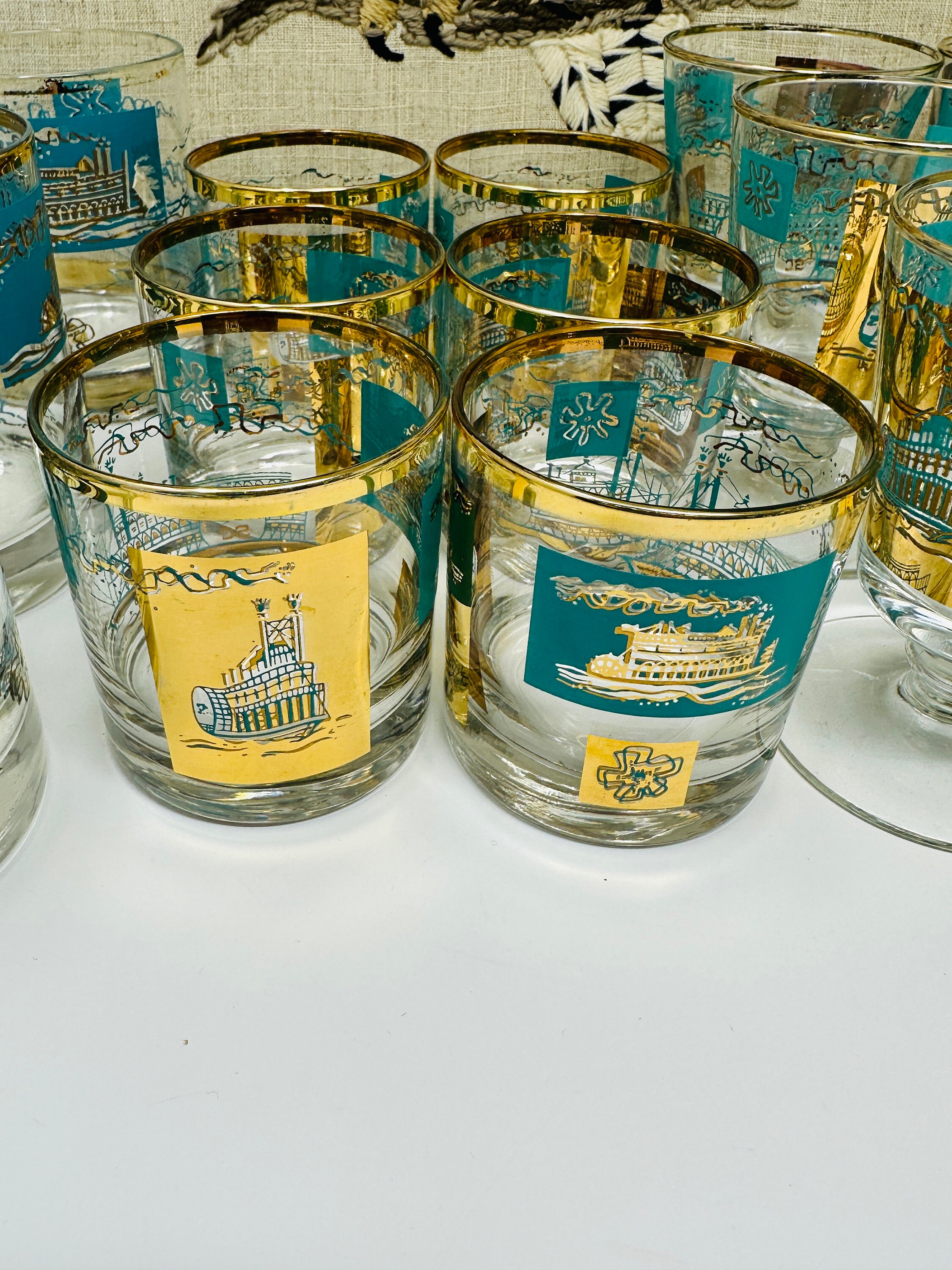 Vintage Libbey Steamboat Glasses Turquoise and Gold 1960's Etsy