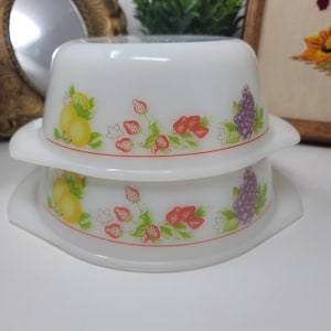 Vintage Milk Glass Indopal Fruit Pattern Casserole Dishes