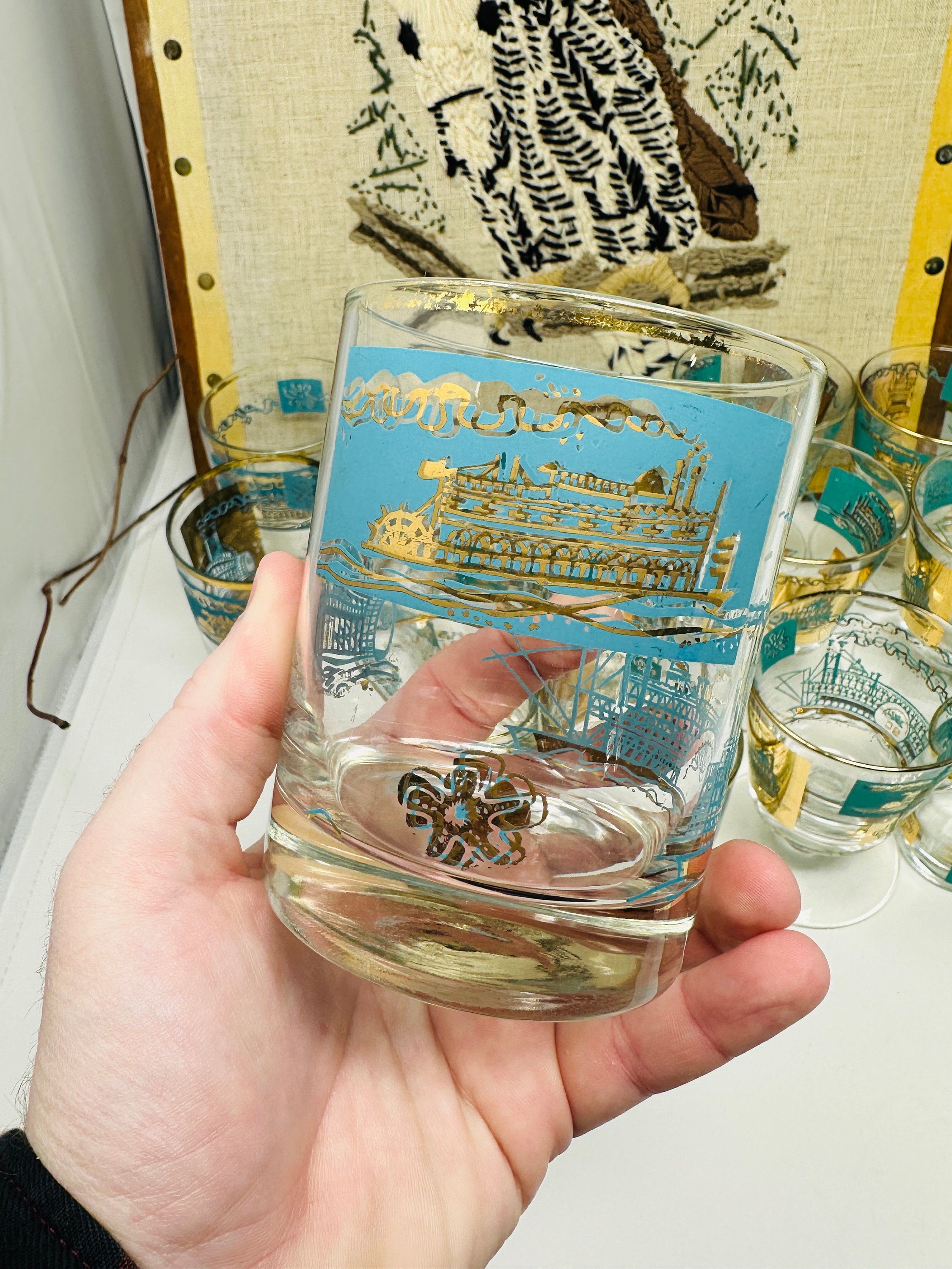 Vintage Libbey Steamboat Glasses Turquoise and Gold 1960's Etsy