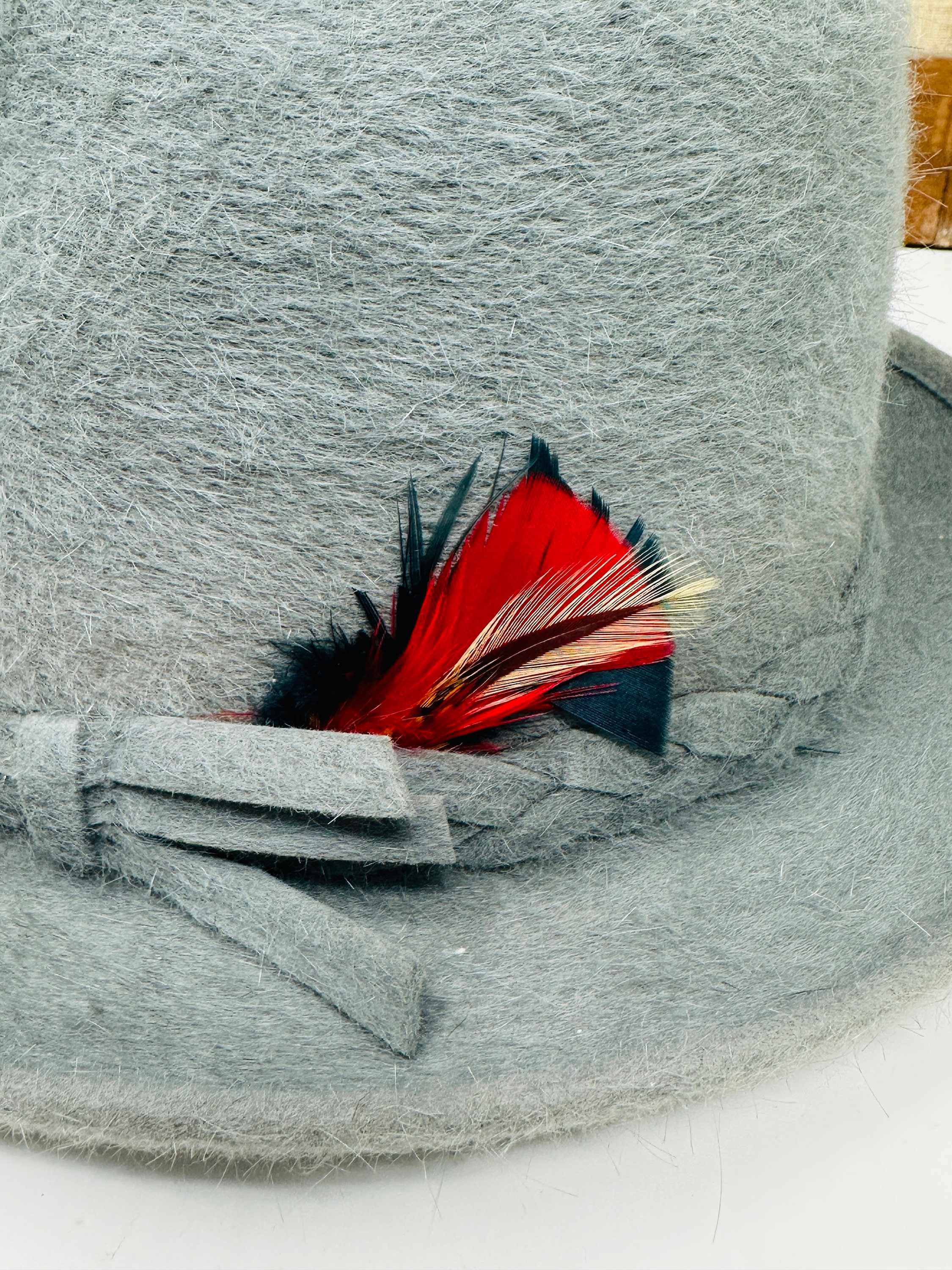 Gray Fedora Hat with Red Feather Grey Wide Brim Wool Felt Fedora Hat with Red Bottom by  main image 2