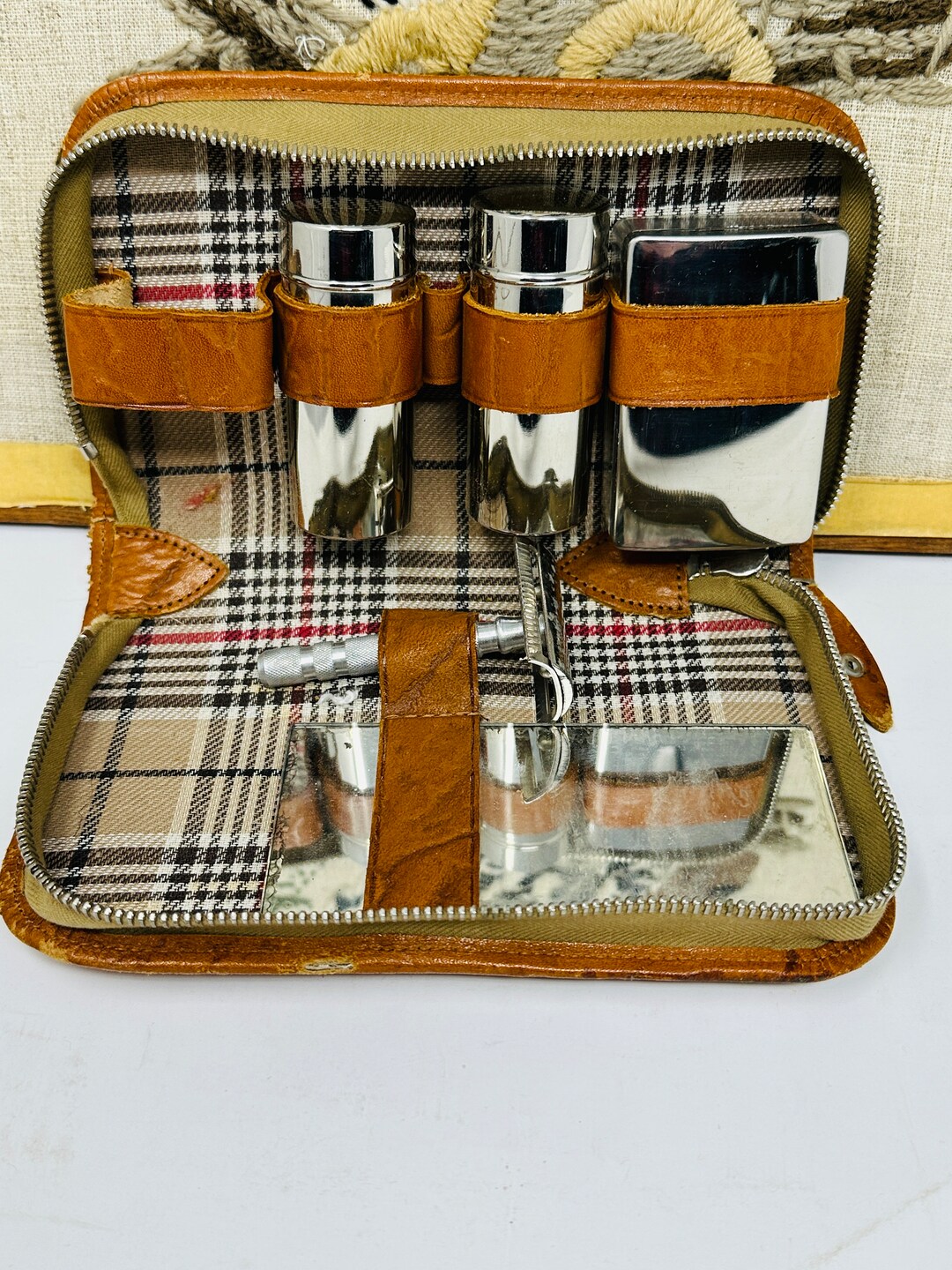 Vintage Shaving Kit in Brown Leather Case Soap Holder Two Etsy