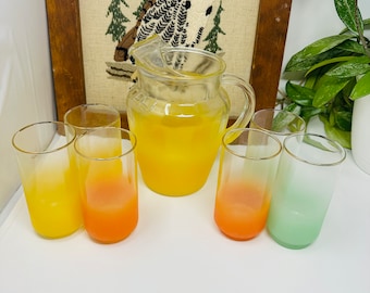 Vintage Satin by Libbey - 7 Piece Beverage Set in Original Box with All Packaging - Turquoise, Yellow and Orange Tumblers - RARE