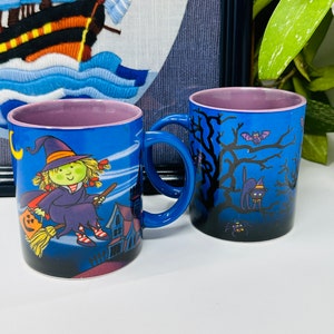 PAIR of Vintage Avon Halloween Mugs with Witch on Broomstick