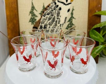 Vintage Red Rooster Glasses - Libbey Glassware - 1950&#39;s - 3 inch - Set of 6