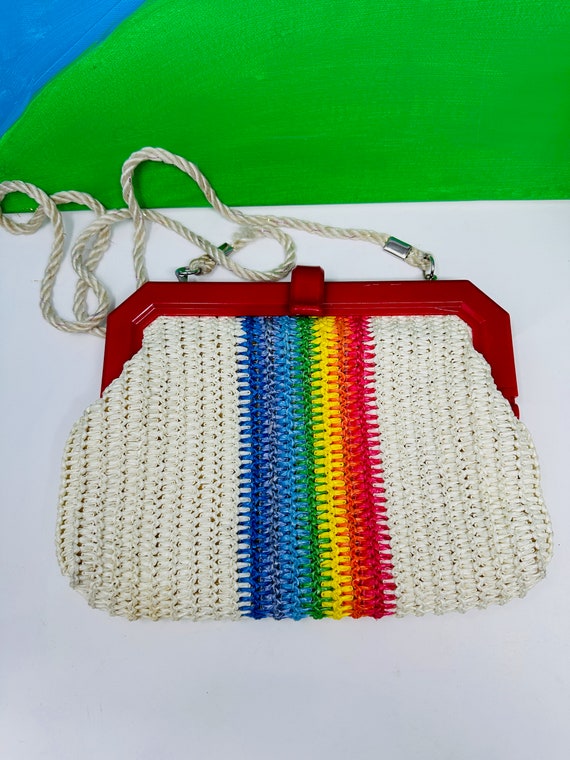 Rainbow Striped Purse | Woven Raffia Clutch | Vint