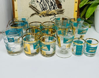 Vintage Libbey Steamboat Glasses - Turquoise and Gold - 1960&#39;s