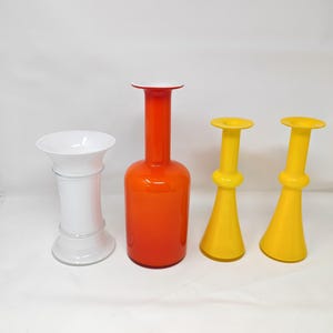 Vases vintage en verre danois Holmegaard, décor scandinave moderne milieu du siècle blanc orange jaune