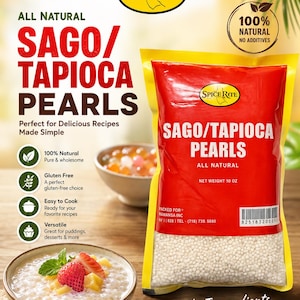 May include: A package of Spice Rite Sago/Tapioca Pearls, net weight 10 oz, with the text "All Natural." The image includes a bowl of tapioca pudding with fruit and text that says "Simple Ingredients, Endless Possibilities!"
