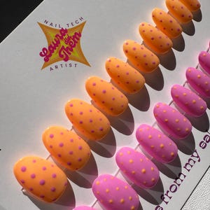 20 Nails ALL SIZES INCLUDED / Pink Orange Polka Dot Press On Nails, Hand Painted Nails, False Nails, Acrylic Nails, Bright Nails, Fake Nails