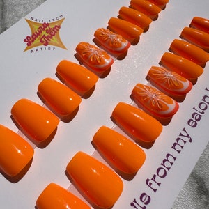 20 Nägel, ALLE GRÖSSEN INKLUSIVE / Sommerorange Press-On-Nägel, handbemalte 3D-Nägel, falsche Nägel, Acrylnägel, Gel-Nägel