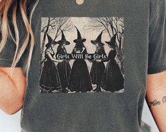 Camisa vintage con colores de confort de brujas para chicas, divertida camisa vintage de brujas, camisa vintage de Halloween para mujer, camisa con vibraciones de brujas, regalo para niña