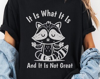 It Is What It Is And It Is Not Great Vintage Cotton Shirt, Chillin Raccoon Tee Vintage Funny Meme Shirt for Meditation Lovers, Raccoon Vibes