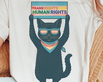 Camiseta de activista "Los derechos trans son derechos humanos", lema transgénero, "Los derechos trans son derechos humanos", orgullo transgénero, regalo artístico para amantes de los gatos.