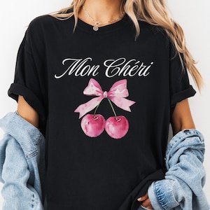 Camiseta Mon Cheri, camiseta Ma Cherie, camiseta Coquette, camiseta Cherries, camiseta Cherry, camisetas de mujer, cuello redondo de moda, camiseta Fresh Cherrys para ella