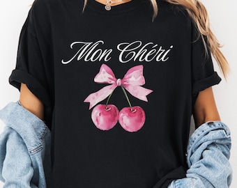 Maglietta Mon Cheri, Maglietta Ma Cherie, T-shirt Coquette, Maglietta con ciliegie, Maglietta con ciliegie, T-shirt da donna, Girocollo alla moda, Maglietta con ciliegie fresche per lei