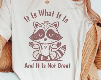 It Is What It Is And It Is Not Great Vintage Cotton Shirt, Chillin Raccoon Tee Vintage Funny Meme Shirt for Meditation Lovers, Raccoon Vibes