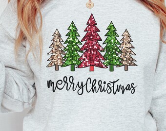 Camiseta de Feliz Navidad, Sudadera con Árbol de Navidad Rosa, Sudadera con Fiesta de Navidad, Linda Camiseta de Navidad con Árbol de Pino Rosa, Camiseta de Navidad para Mujer