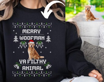 Sudadera navideña fea con perro, jersey navideño personalizado con foto impresa de perro, jerséis navideños feos, regalos para amantes de los perros, trajes de fiesta navideña