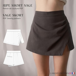 Peut inclure: Patron de couture pour une jupe-short de couleur vert sauge. Le patron comprend des instructions pour la réalisation de la jupe-short, ainsi qu'un schéma du produit fini. Le texte "Jupe Short Sage Patron de couture PDF" et "Sage Skort PDF Sewing pattern" est visible sur l'image.