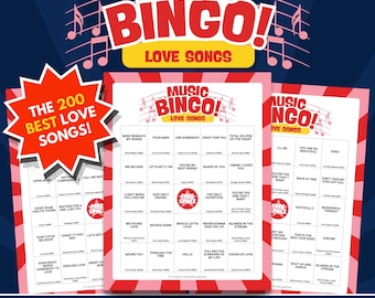 Bingo musical de canciones de amor (imprimible) / Descarga instantánea en PDF / 100 tarjetas + hojas de llamadas + listas de reproducción de Spotify y YouTube / San Valentín / Boda