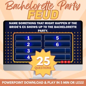 May include: A computer screen displaying a game show-style question for a bachelorette party game. The question asks "Name something that might happen if the bride's ex shows up to the bachelorette party." The screen has a blue background with white numbers 1 through 6 and a yellow star with the text "25 Questions".