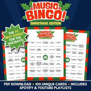 Music Bingo - Christmas Edition - PDF Download - 100 Unique Cards - Includes Spotify & Youtube Playlists