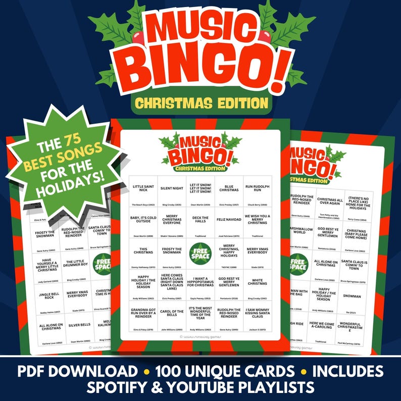 Music Bingo - Christmas Edition - PDF Download - 100 Unique Cards - Includes Spotify & Youtube Playlists