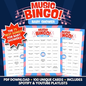 Music Bingo - Baby Shower Edition - PDF Download - 100 Unique Cards - Includes Spotify & Youtube Playlists