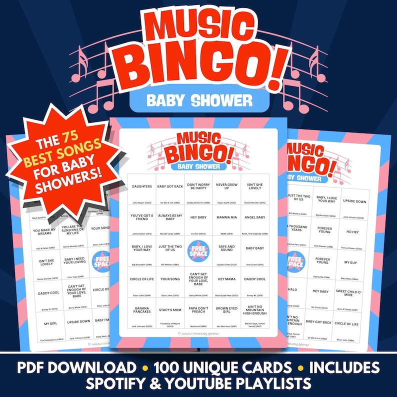 Music Bingo - Baby Shower Edition - PDF Download - 100 Unique Cards - Includes Spotify & Youtube Playlists