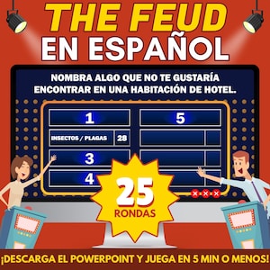 Puede incluir: Una pantalla de ordenador que muestra un programa de juegos llamado "The Feud en Espanol". El programa de juegos pide a los jugadores que nombren cosas que no les gustaría encontrar en una habitación de hotel. La pantalla muestra la palabra "Insectos/Plagas" con el número 28 a su lado. Una estrella amarilla con el número 25 y la palabra "Rondas" está en el centro de la pantalla. El texto "¡DESCARGA EL POWERPOINT Y JUEGA EN 5 MIN O MENOS!" está en la parte inferior de la pantalla.