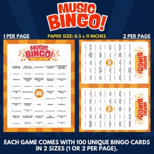 Each Game Comes With 100 Unique Bingo Cards in 2 Sizes (1 or 2 per Page).