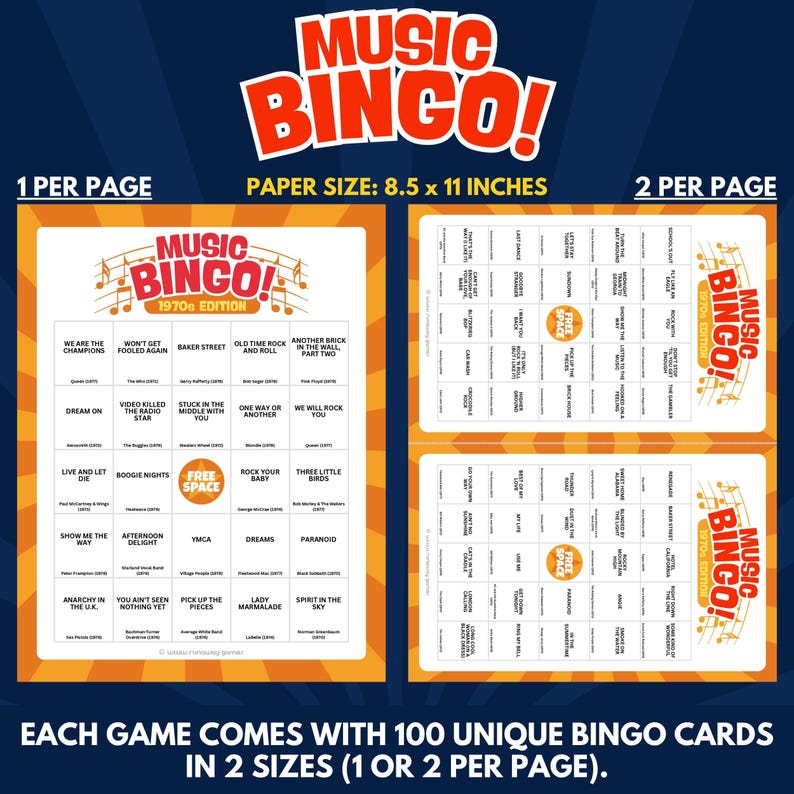 Each Game Comes With 100 Unique Bingo Cards in 2 Sizes (1 or 2 per Page).