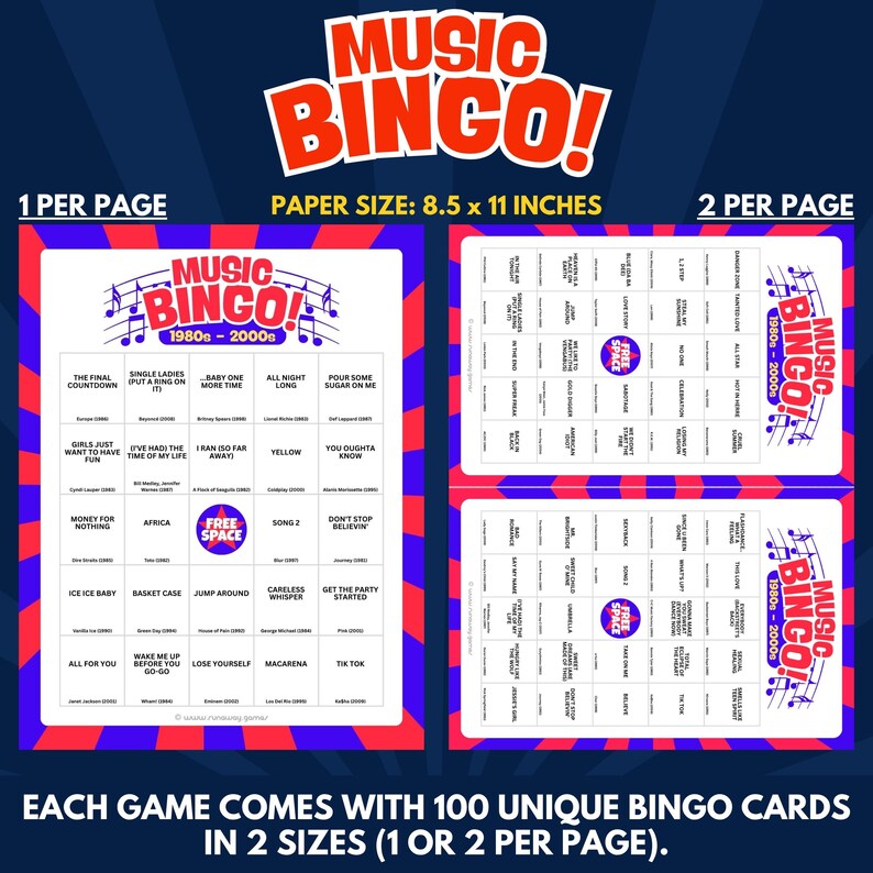 Each Game Comes With 100 Unique Bingo Cards in 2 Sizes (1 or 2 per Page).