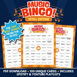 Music Bingo - 1970s Edition - PDF Download - 100 Unique Cards - Includes Spotify & Youtube Playlists