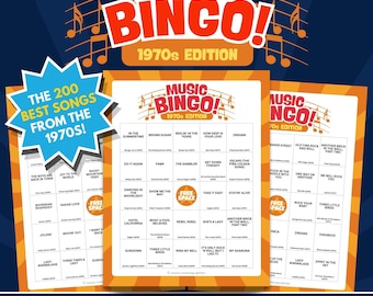 1970er Jahre Musik Bingo (Printable) | Digitaler Download | 100 Karten + Visitenkarten + Steampunk & YouTube Playlists | Bingo Party Spiel | 70er Jahre Spiel
