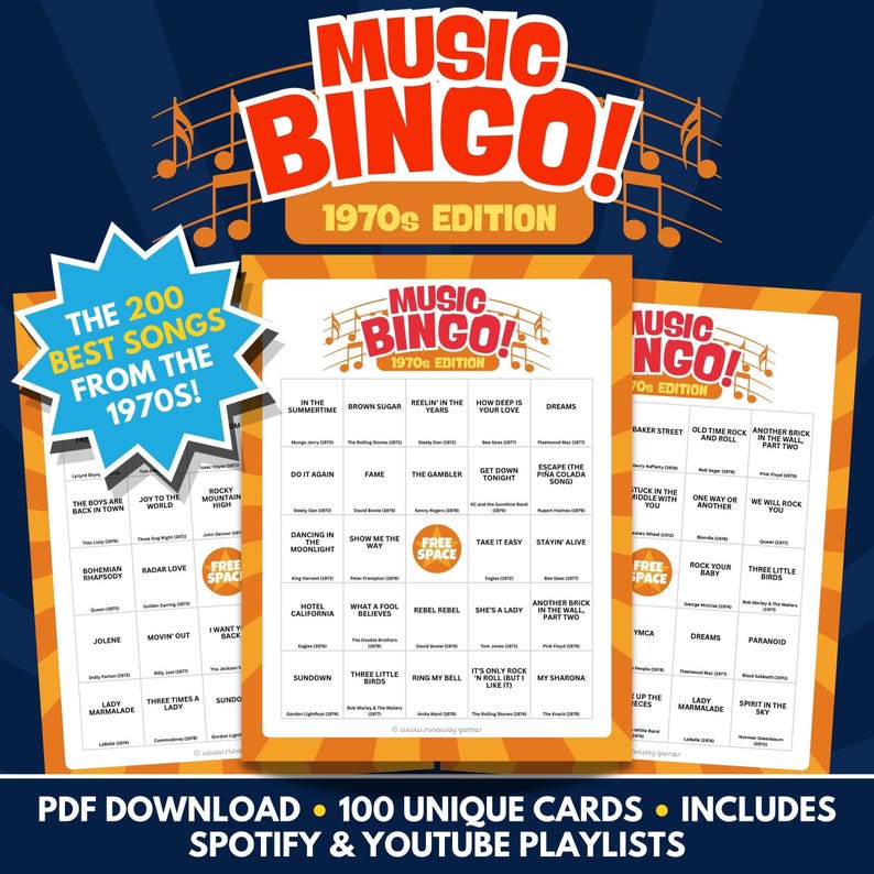 Music Bingo - 1970s Edition - PDF Download - 100 Unique Cards - Includes Spotify & Youtube Playlists
