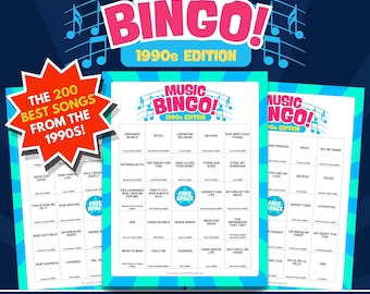 Bingo musical de los 90 (imprimible) / Descarga digital / 100 cartones + tarjetas de llamada + listas de reproducción de Spotify y YouTube / Juego de bingo para fiestas / Juego de los 90