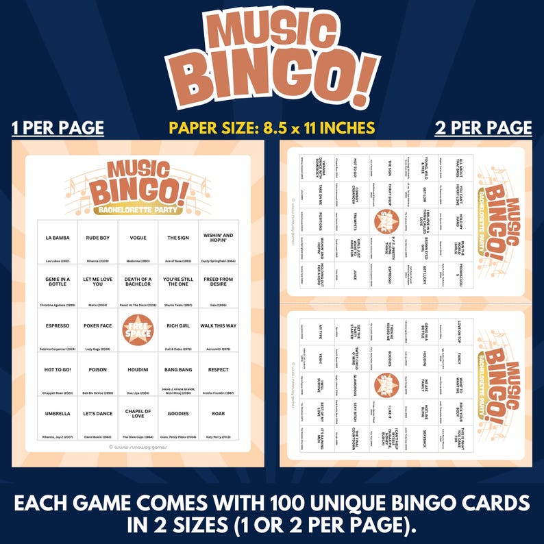 Each Game Comes With 100 Unique Bingo Cards in 2 Sizes (1 or 2 per Page).