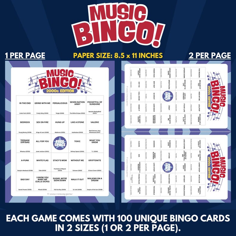 Each Game Comes With 100 Unique Bingo Cards in 2 Sizes (1 or 2 per Page).