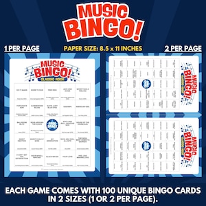 Each Game Comes With 100 Unique Bingo Cards in 2 Sizes (1 or 2 per Page).
