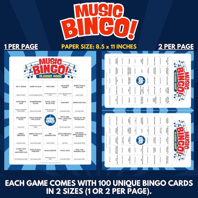 Each Game Comes With 100 Unique Bingo Cards in 2 Sizes (1 or 2 per Page).