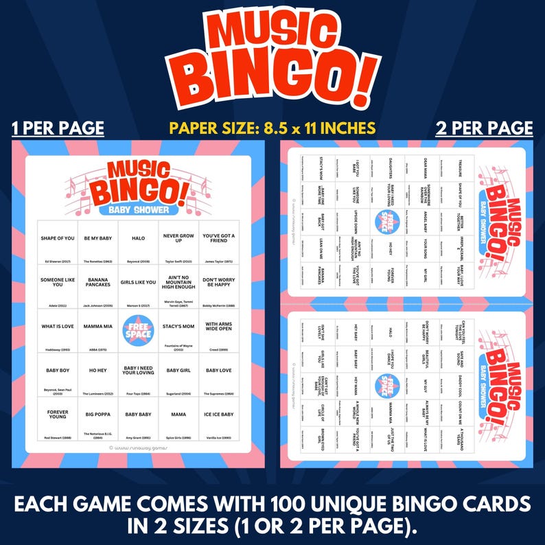 Each Game Comes With 100 Unique Bingo Cards in 2 Sizes (1 or 2 per Page).