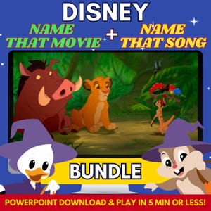 May include: A digital bundle featuring Disney characters from The Lion King, with the text "Name That Movie + Name That Song". The image includes Simba, Pumbaa, Timon, and other characters. The text "Bundle" and "Powerpoint Download & Play in 5 min or less!" are also visible.