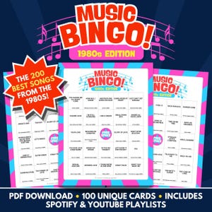 Music Bingo - 1980s Edition - PDF Download - 100 Unique Cards - Includes Spotify & Youtube Playlists
