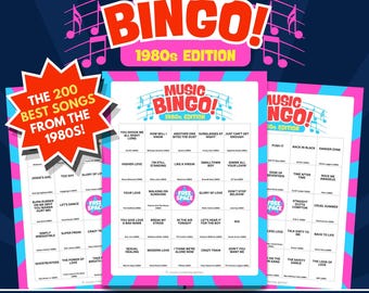 1980s Music Bingo (Printable) | Digital Download | 100 Cards + Calling Cards + Spotify & YouTube Playlists | Bingo Party Game | 80s Game