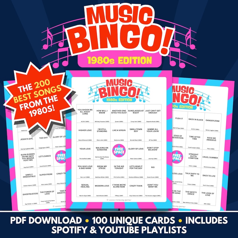 Music Bingo - 1980s Edition - PDF Download - 100 Unique Cards - Includes Spotify & Youtube Playlists